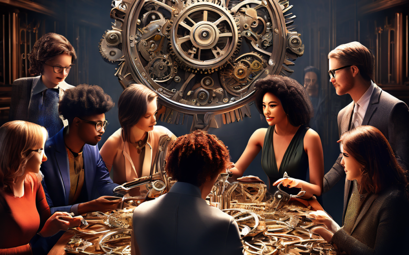 다양한 구성원들이 테이블에서 서로를 존중하며 토론하는 장면으로, 그들의 아이디어가 융합되어 상공에 복잡하고 빛나는 기어 메커니즘이 형성되어 있습니다.