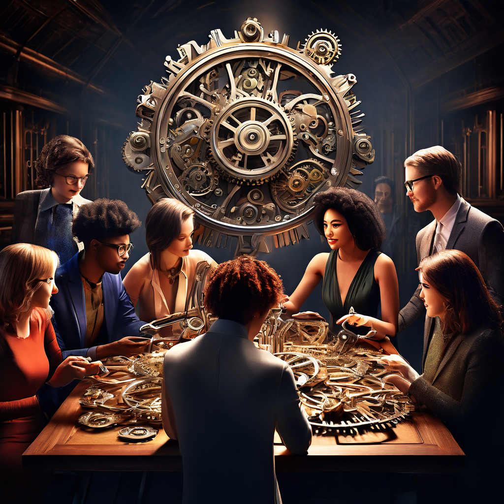 다양한 구성원들이 테이블에서 서로를 존중하며 토론하는 장면으로, 그들의 아이디어가 융합되어 상공에 복잡하고 빛나는 기어 메커니즘이 형성되어 있습니다.