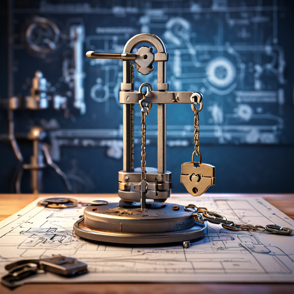휴대폰 위에 놓인 저울이 무거운 자물쇠와 열쇠의 균형을 맞추고 있으며, 배경에는 보안 설계가 깨진 청사진이 표현된 디지털 보안과 접근 제어의 중요성을 상징하는 이미지입니다.