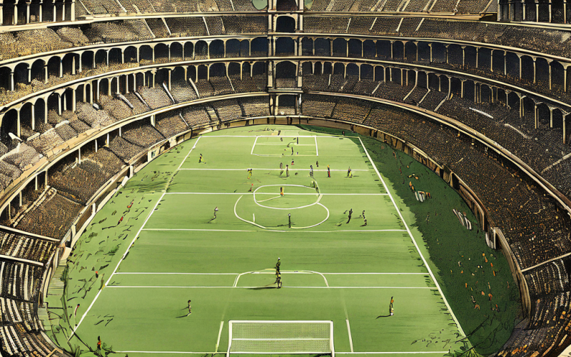 이탈리아 축구의 전설적인 수비 전술 카테나치오를 강력하게 연결된 사슬 방벽으로 형상화하여 골문을 보호하는 모습을 고전적인 이탈리아 경기장 배경으로 표현한 역사적 일러스트레이션입니다.