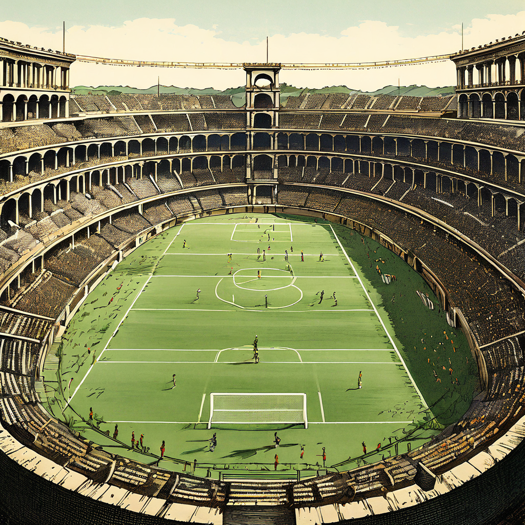 이탈리아 축구의 전설적인 수비 전술 카테나치오를 강력하게 연결된 사슬 방벽으로 형상화하여 골문을 보호하는 모습을 고전적인 이탈리아 경기장 배경으로 표현한 역사적 일러스트레이션입니다.
