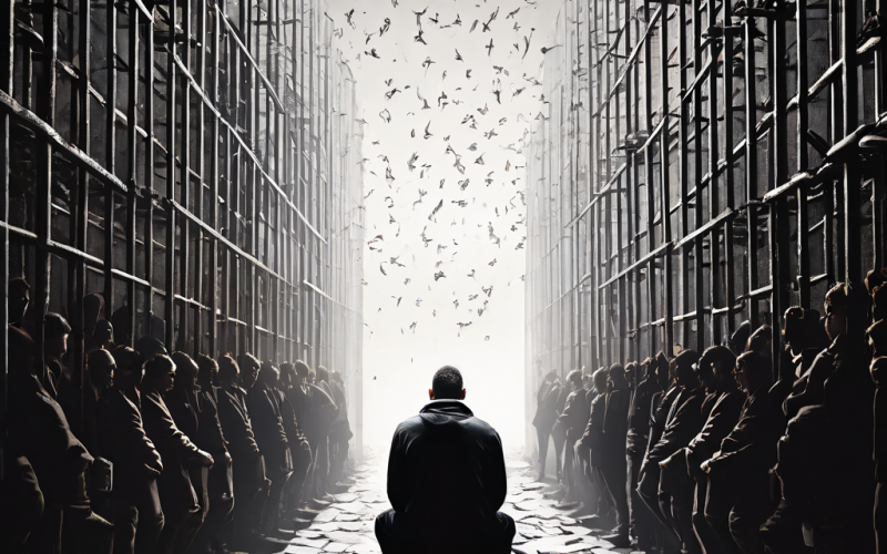 개인의 성공과 집단의 고통을 대비하여 개인적 이익과 공동체 이익 사이의 갈등을 상징적으로 보여주는 분할된 이미지입니다.