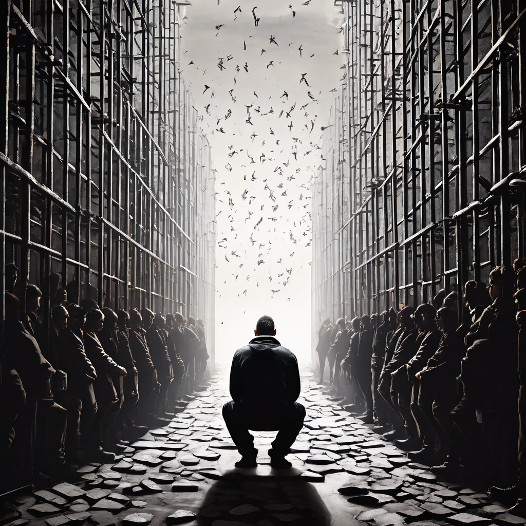 개인의 성공과 집단의 고통을 대비하여 개인적 이익과 공동체 이익 사이의 갈등을 상징적으로 보여주는 분할된 이미지입니다.