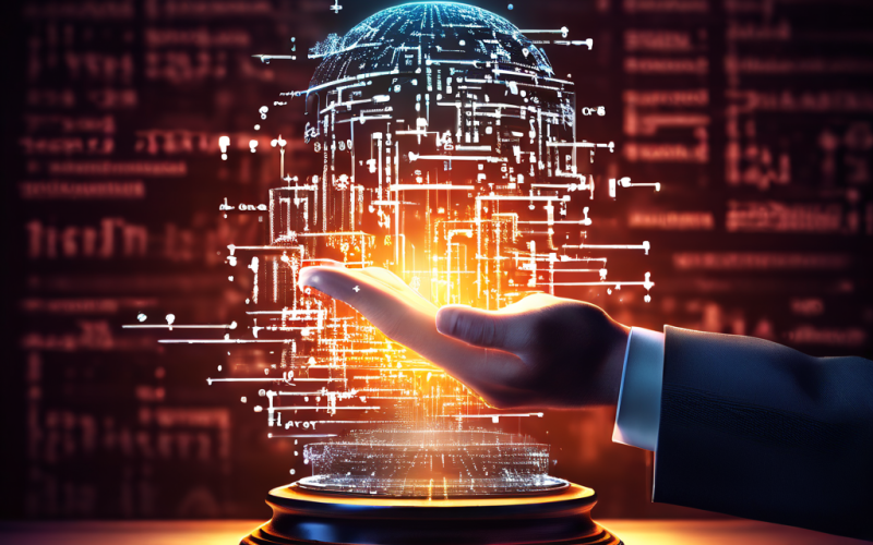 디지털 화면에서 뻗어 나온 손이 법률 텍스트와 이진 코드의 미로를 배경으로 법봉을 향해 닿는 모습을 상징적으로 표현한 이미지입니다.