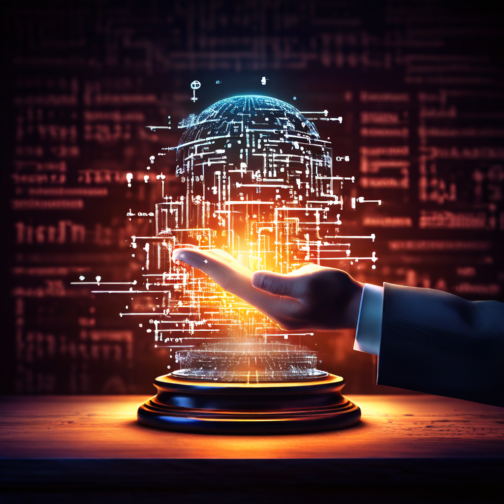 디지털 화면에서 뻗어 나온 손이 법률 텍스트와 이진 코드의 미로를 배경으로 법봉을 향해 닿는 모습을 상징적으로 표현한 이미지입니다.