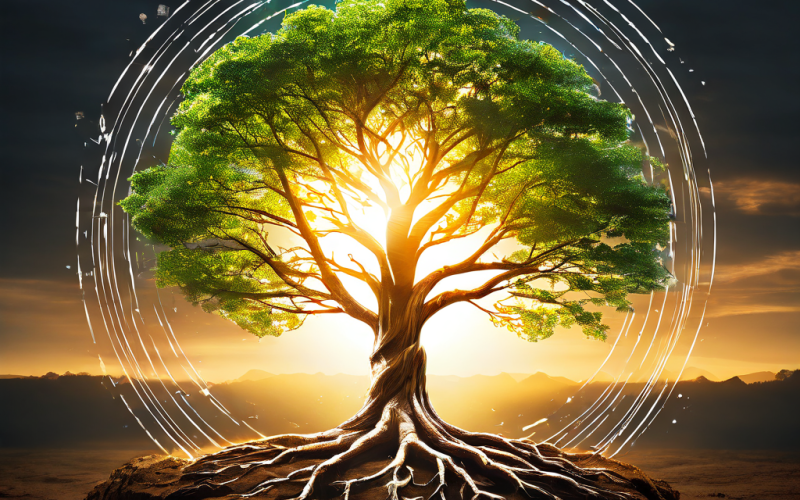 내면화된 지식이 깊이 뿌리내리고 성장하여 강인한 나무로 자라나는 과정을 빛나는 나이테로 상징적으로 표현한 교육적 성장 이미지입니다.