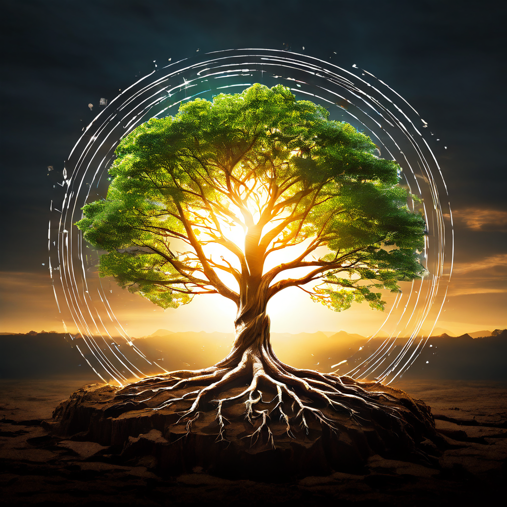 내면화된 지식이 깊이 뿌리내리고 성장하여 강인한 나무로 자라나는 과정을 빛나는 나이테로 상징적으로 표현한 교육적 성장 이미지입니다.