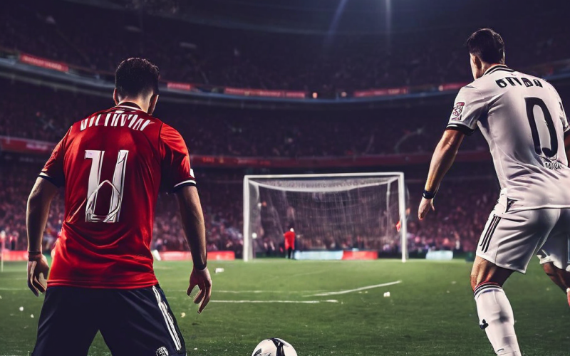 축구 결승전의 승부를 가르는 긴장감 넘치는 승부차기 장면과 토너먼트 동점 상황을 해결하기 위해 도입된 승부차기의 역사적 배경을 함께 보여주는 이미지입니다.