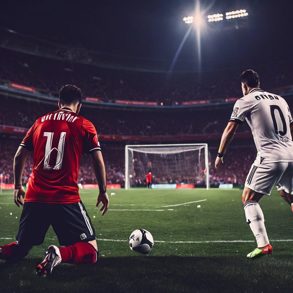 축구 결승전의 승부를 가르는 긴장감 넘치는 승부차기 장면과 토너먼트 동점 상황을 해결하기 위해 도입된 승부차기의 역사적 배경을 함께 보여주는 이미지입니다.