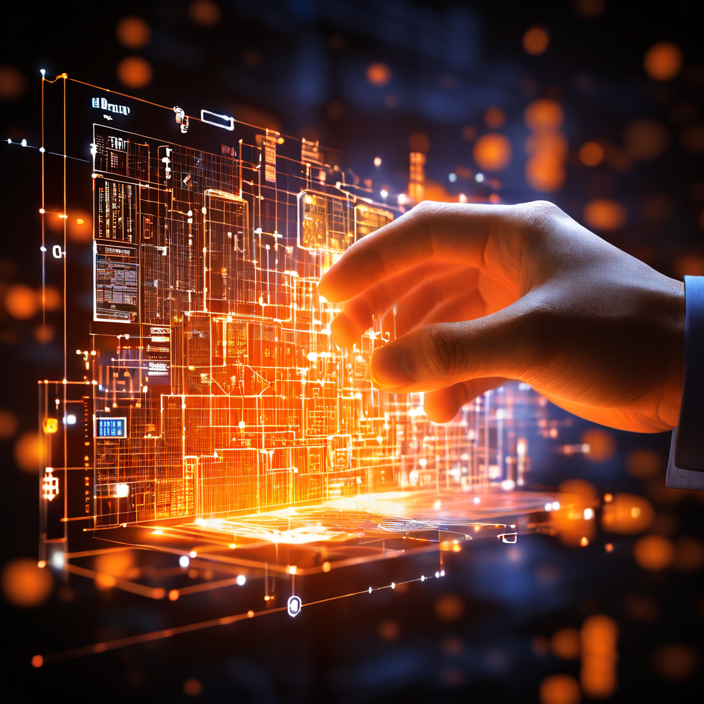 디지털 화면을 뚫고 나온 손이 빛나는 비즈니스 모델 청사진을 붙잡아 미래 기회의 복잡한 네트워크로 펼쳐지는 모습을 상징적으로 표현한 이미지입니다.