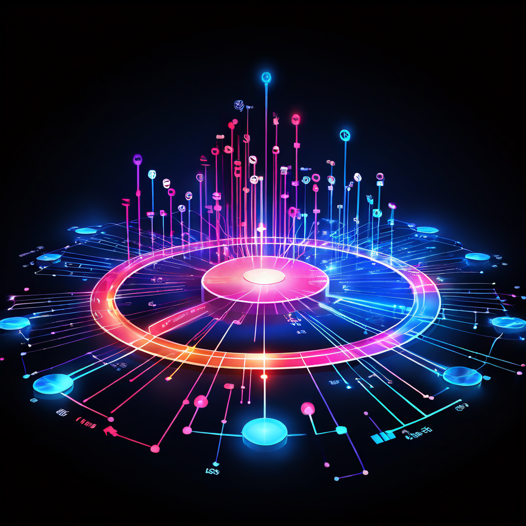 데이터가 중앙 허브로 흘러들어가 명료한 차트와 그래프로 변환되며, 전략적 방향을 제시하는 화살표가 밝은 목표를 향해 나아가는 과정을 시각화한 플로우차트입니다.