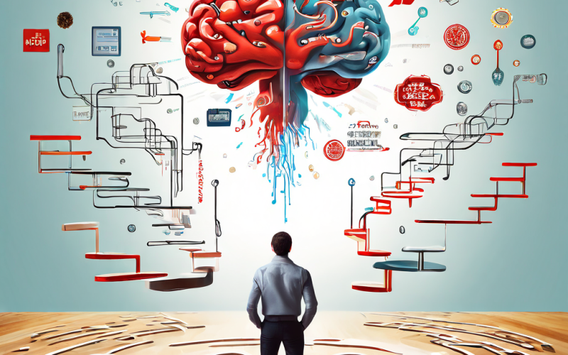 인지 편향의 화살표가 합리적 결정 경로를 가로막는 가운데, 수많은 왜곡된 선택지에 둘러싸여 결정 장애를 겪는 사람의 심리적 상태를 상징적으로 표현한 이미지입니다.