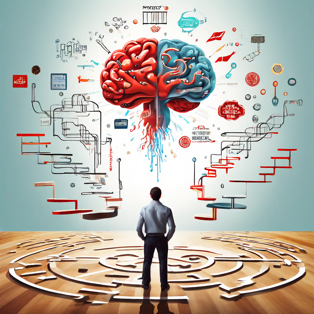 인지 편향의 화살표가 합리적 결정 경로를 가로막는 가운데, 수많은 왜곡된 선택지에 둘러싸여 결정 장애를 겪는 사람의 심리적 상태를 상징적으로 표현한 이미지입니다.