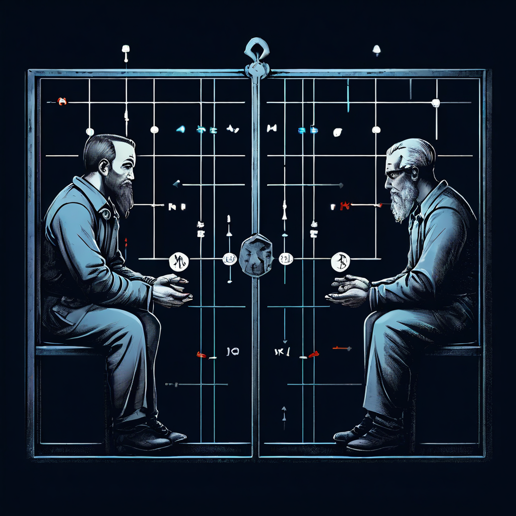 죄수들의 딜레마를 설명하는 고전적인 게임 이론 다이어그램으로, 각각 독방에 있는 두 죄수가 협력과 배반을 고민하는 모습과 그 사이에 보상 행렬이 표시되어 있습니다.