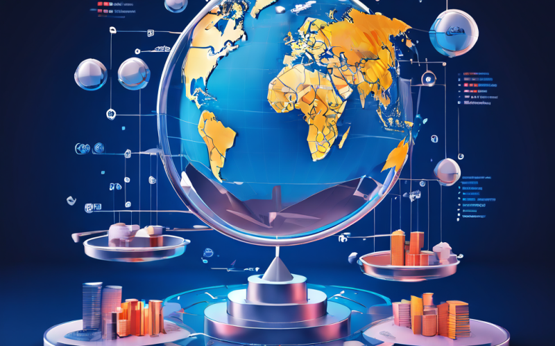 글로벌 투자와 위험 요소의 상호 연관성을 3D 저울과 차트, 화살표를 활용하여 시각적으로 표현한 국제 투자 리스크 관리 개념 이미지입니다.