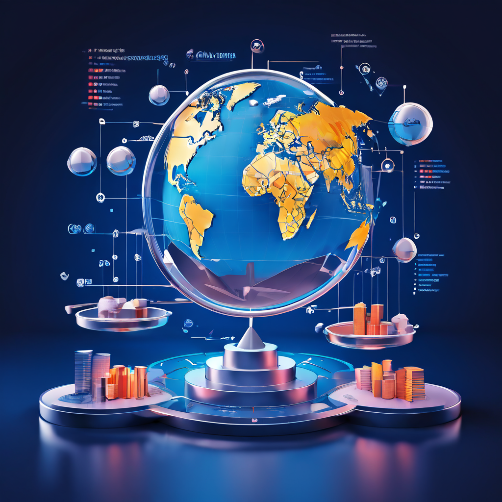 글로벌 투자와 위험 요소의 상호 연관성을 3D 저울과 차트, 화살표를 활용하여 시각적으로 표현한 국제 투자 리스크 관리 개념 이미지입니다.