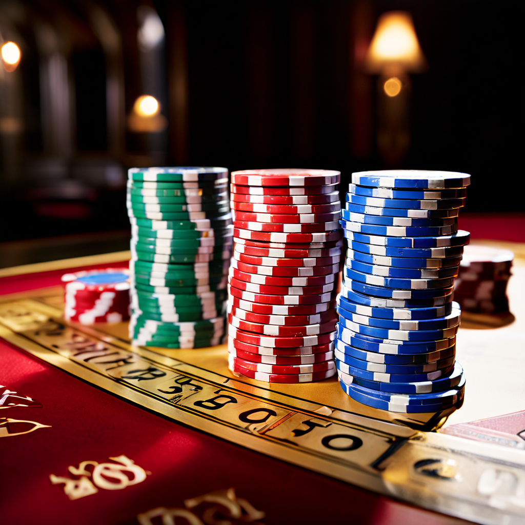 A shallow depth of field photograph showing three distinct stacks of casino chips on a green baccarat felt table, one labeled for 