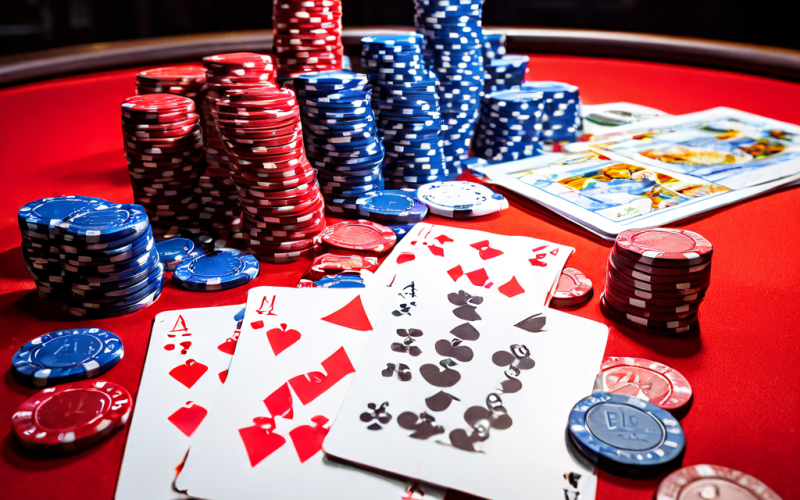 A player's hand resting on a green baccarat table, with a single chip placed beside a stack of cards, captured from a low angle wi