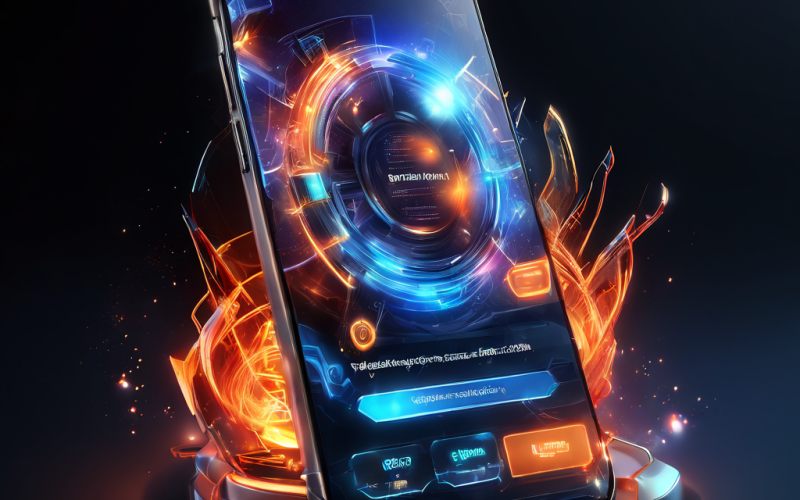 Futuristic mobile login screen with layered interface glow and secure data flow paths in a premium SaaS composition.