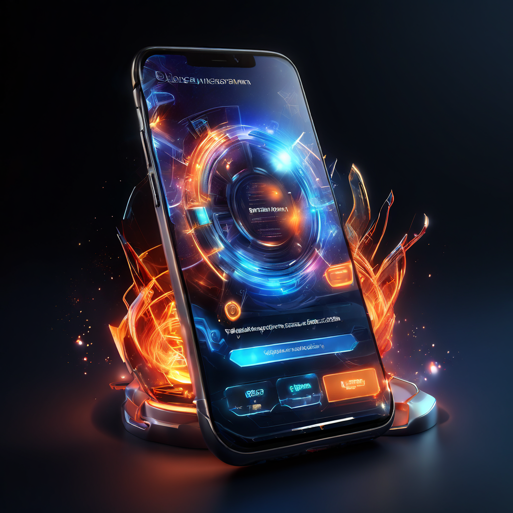 Futuristic mobile login screen with layered interface glow and secure data flow paths in a premium SaaS composition.