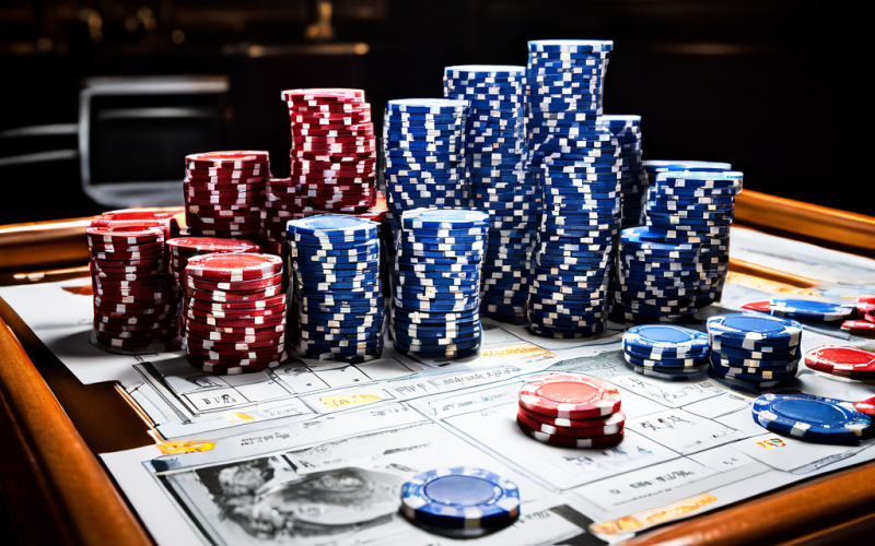 A dealer's hand places a single baccarat card on a green felt table beside a neat stack of chips, while a blurred wall clock in th