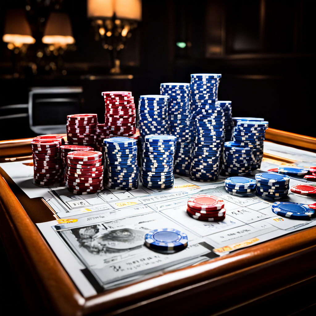 A dealer's hand places a single baccarat card on a green felt table beside a neat stack of chips, while a blurred wall clock in th