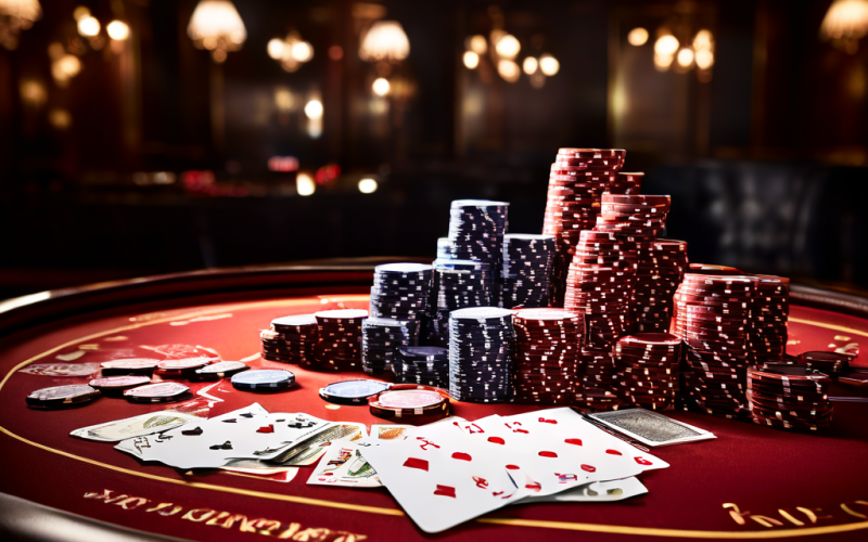 A close-up view of a baccarat table showing a player's hand placing a single chip on the Player bet area, with a small stack of wi