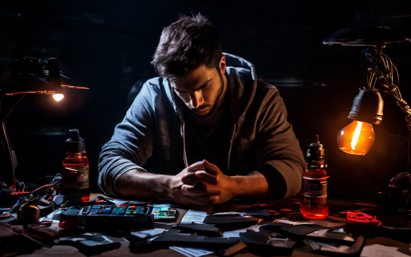 A tired gamer's hands resting on a desk next to a gaming controller, with a blurred laptop and dim ambient lighting conveying late