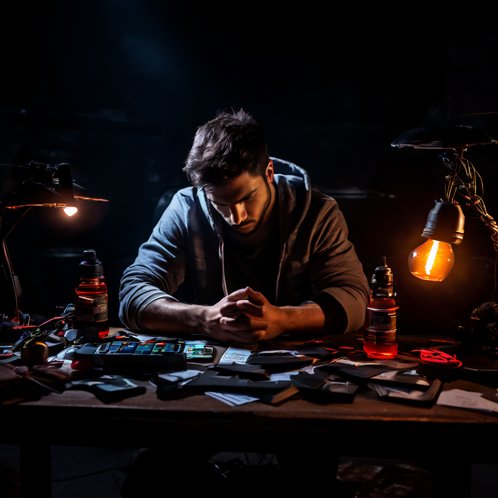 A tired gamer's hands resting on a desk next to a gaming controller, with a blurred laptop and dim ambient lighting conveying late