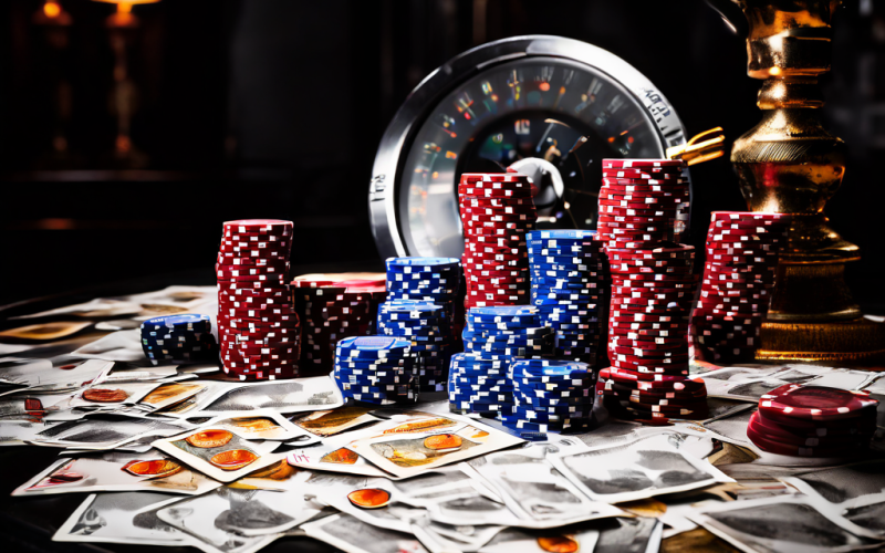 A man's hand rests tensely on a green baccarat table, surrounded by scattered cards and chips, with a blurred casino background em