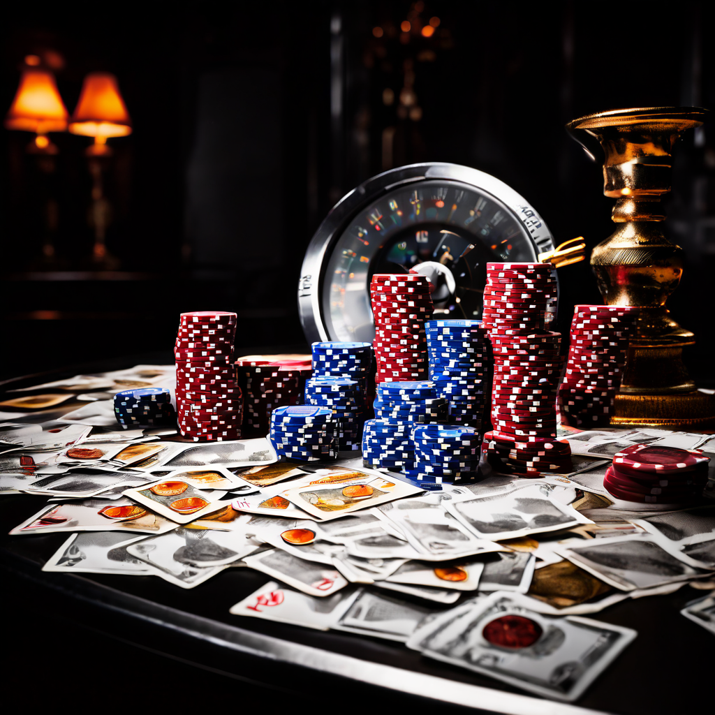 A man's hand rests tensely on a green baccarat table, surrounded by scattered cards and chips, with a blurred casino background em