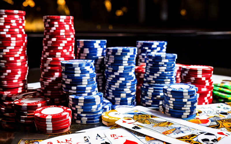 A player's hand rests on a green baccarat table, with scattered chips and playing cards, as a blurred casino dealer and monitor in