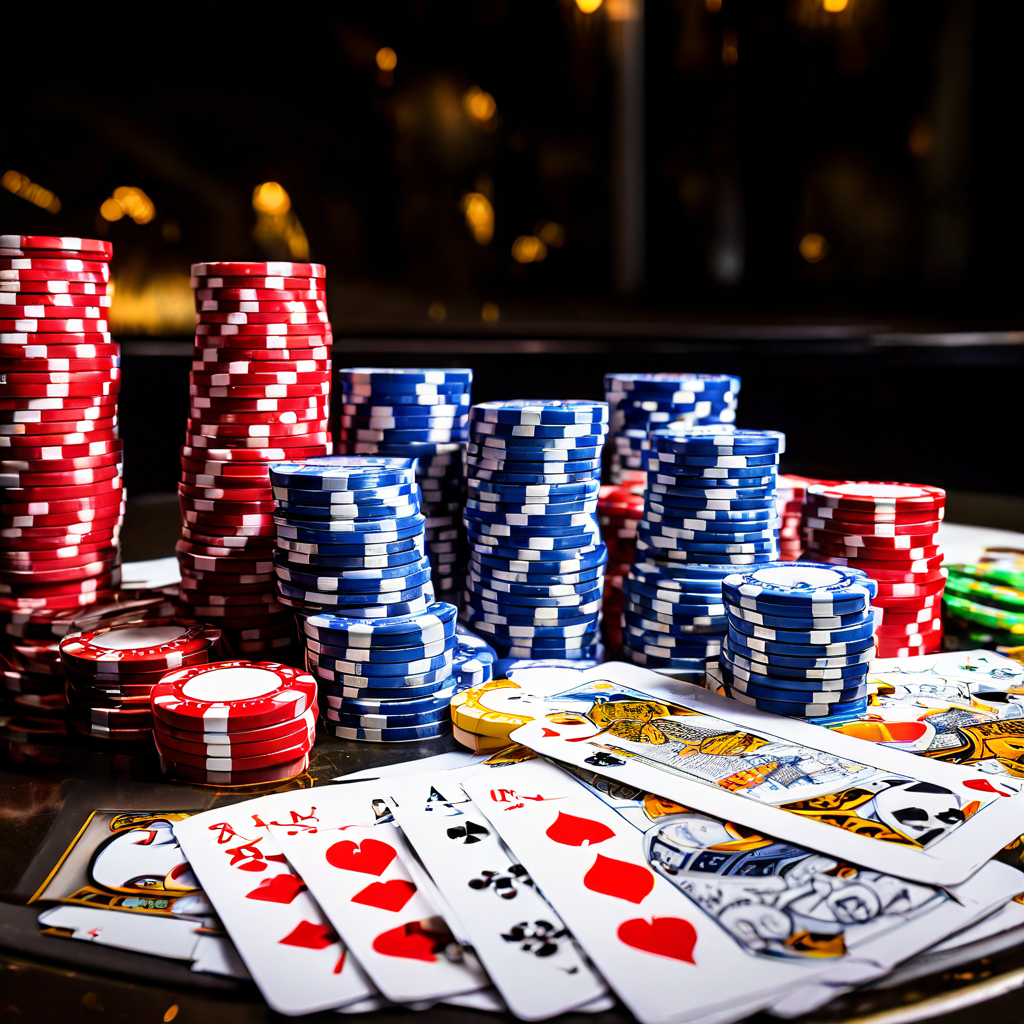 A player's hand rests on a green baccarat table, with scattered chips and playing cards, as a blurred casino dealer and monitor in