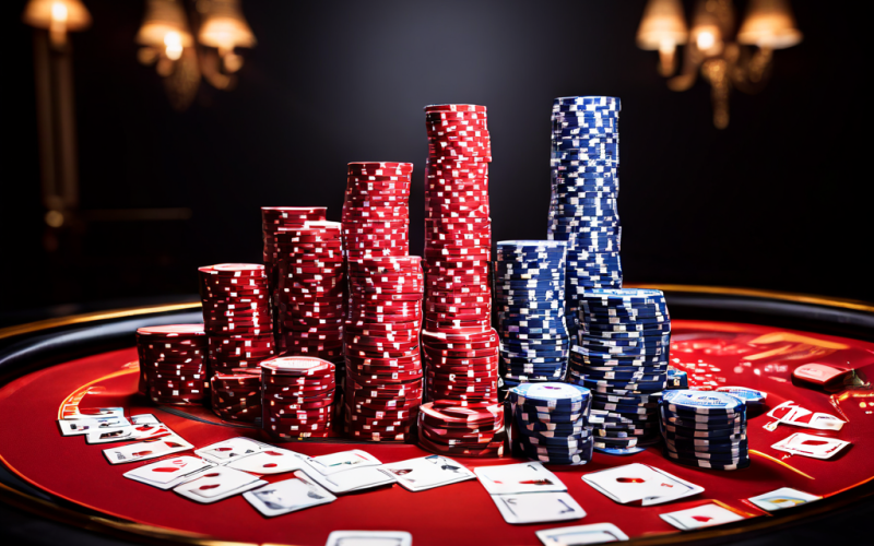 A photo of a baccarat table with cards and chips arranged precisely under soft documentary lighting, with a blurred laptop in the