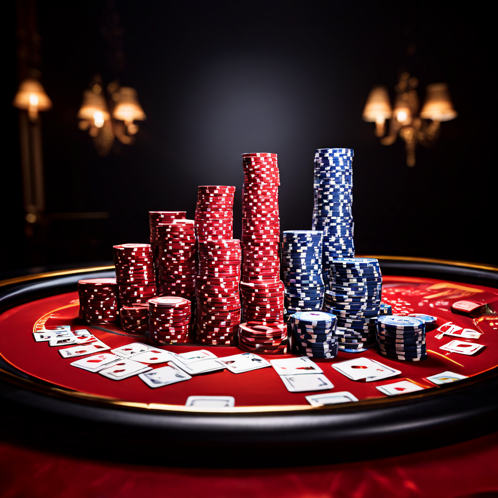 A photo of a baccarat table with cards and chips arranged precisely under soft documentary lighting, with a blurred laptop in the