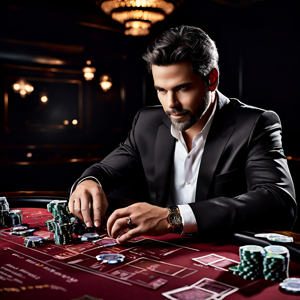 A player's hand places a single casino chip on the Banker betting circle on a green baccarat table, with out-of-focus cards and ch
