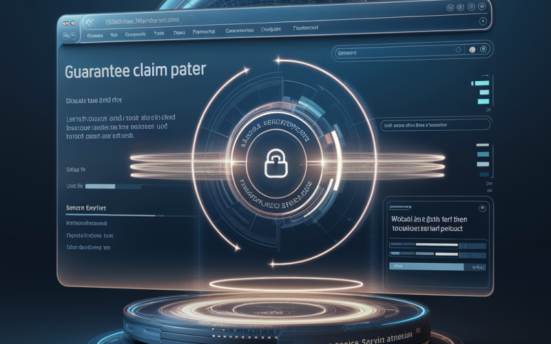 Premium close-up of a secure online guarantee claim interface with layered digital glow and data path visuals.