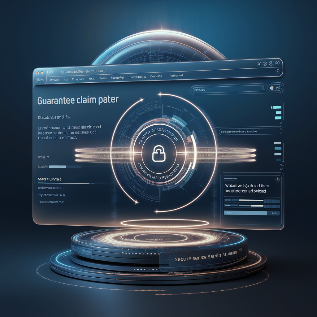 Premium close-up of a secure online guarantee claim interface with layered digital glow and data path visuals.