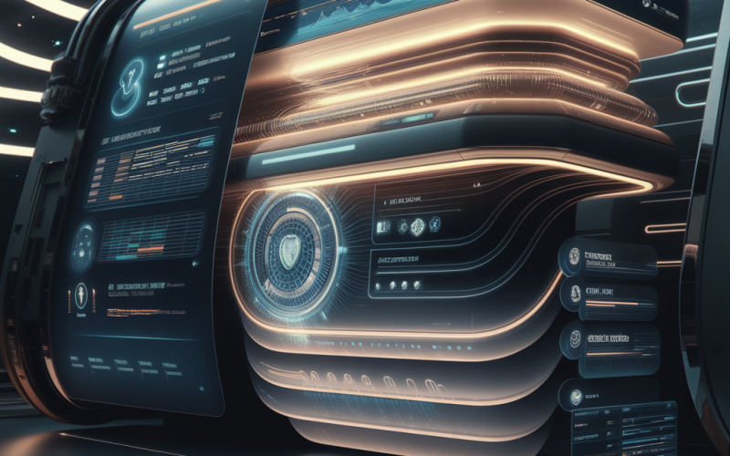 Futuristic digital interface showing replay clips appearing after a live stream ends, with layered glow and secure cloud data...
